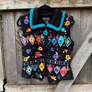 VTG BEREK 2 black ramie cotton Sweater VEST beaded chenille flowers size small